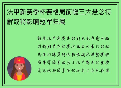 法甲新赛季杯赛格局前瞻三大悬念待解或将影响冠军归属