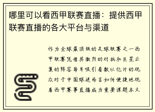 哪里可以看西甲联赛直播：提供西甲联赛直播的各大平台与渠道