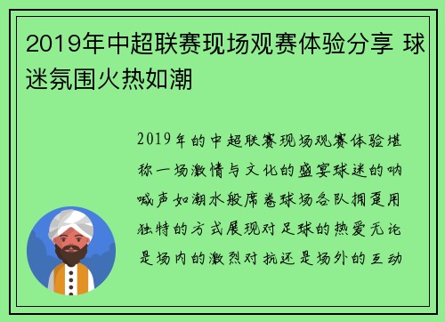 2019年中超联赛现场观赛体验分享 球迷氛围火热如潮