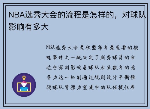 NBA选秀大会的流程是怎样的，对球队影响有多大